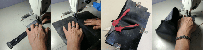 stitching a wallet made from inner tubes
